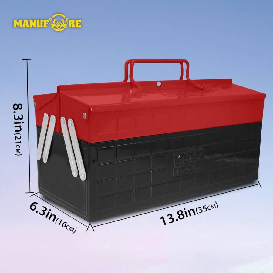 Lege metalen gereedschapskist met vergrendelingsgaten rood en zwart L38 x B18 5 x H18 5 cm 2 lagen 3 compartimenten gereedschapskist voor opslag en transport van gereedschap