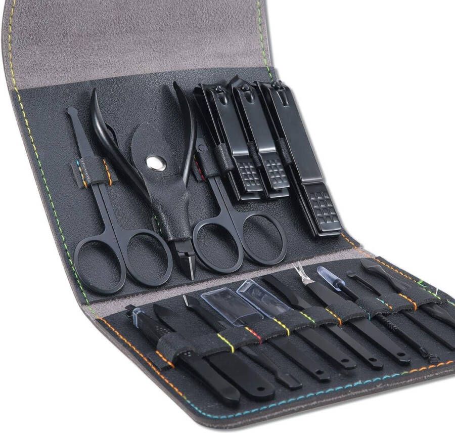 Leipple Manicure Set Professionele Pedicure Kit Nagelverzorging Gereedschap 16-in-1 RVS Nagelknipper Gereedschap Verzorgingsset met Luxe Lederen Reistas (Zwart)