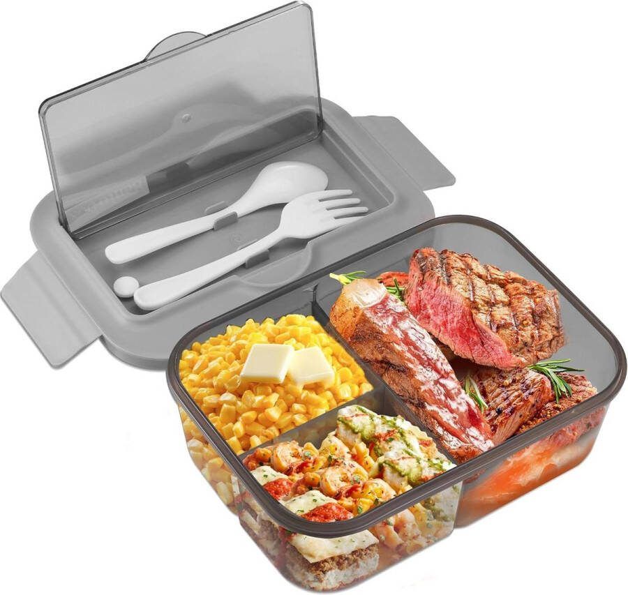 Lekvrije Bento Box lunchbox voor kinderen en volwassenen met 2 vakken en bestekset BPA-vrij magnetron- en vaatwasmachinebestendig grijs