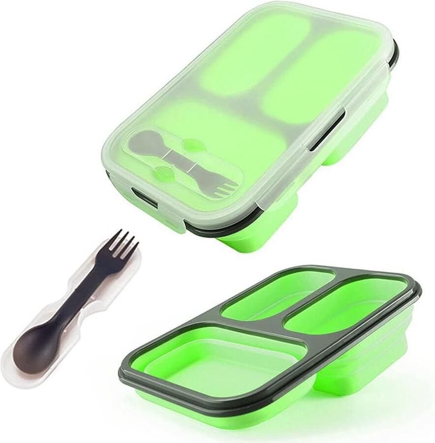 Lekvrije bento-lunchbox broodtrommel van siliconen opvouwbare lunchbox levensmiddelen met drie vakken lepel en vork voor volwassenen en kinderen groen