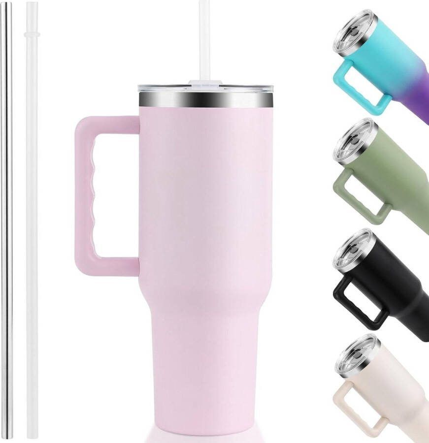 Lekvrije drinkbeker met rietje en handvat dubbelwandige roestvrijstalen thermobeker roze 40 oz 1180 ml voor thuis en buiten