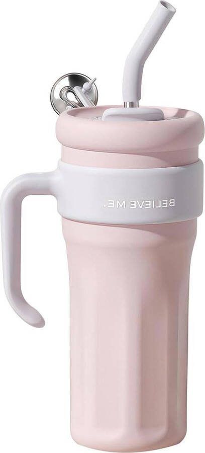 Lekvrije thermobeker met handvat en rietje roestvrijstalen koffiebeker voor onderweg met vacuüm isolatie draagbare autobeker roze