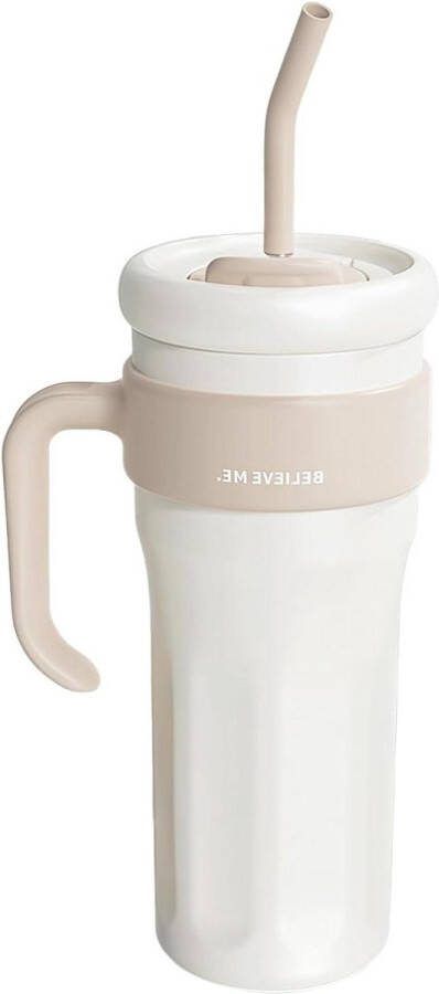 Lekvrije thermobeker met rietje en handvat roestvrijstalen koffiebeker vacuüm-isolatiebeker draagbare autobeker 1250 ml (wit)