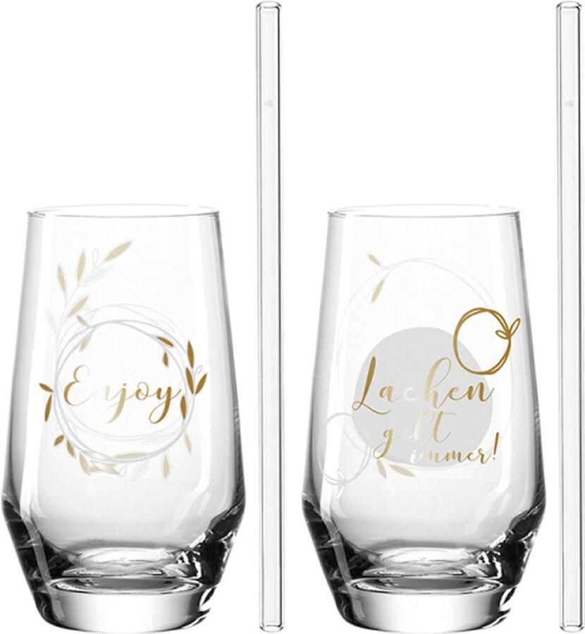 Leonardo Presente Longdrinkglas met rietje lachen enjoy 2 stuks