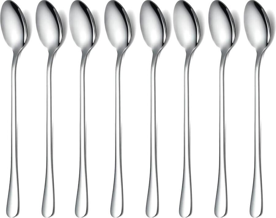 Lepel met lange steel koffieroerder premium roestvrijstalen koffielepel ijslepel cocktailmenglepel theelepel set van 8 (zilver)