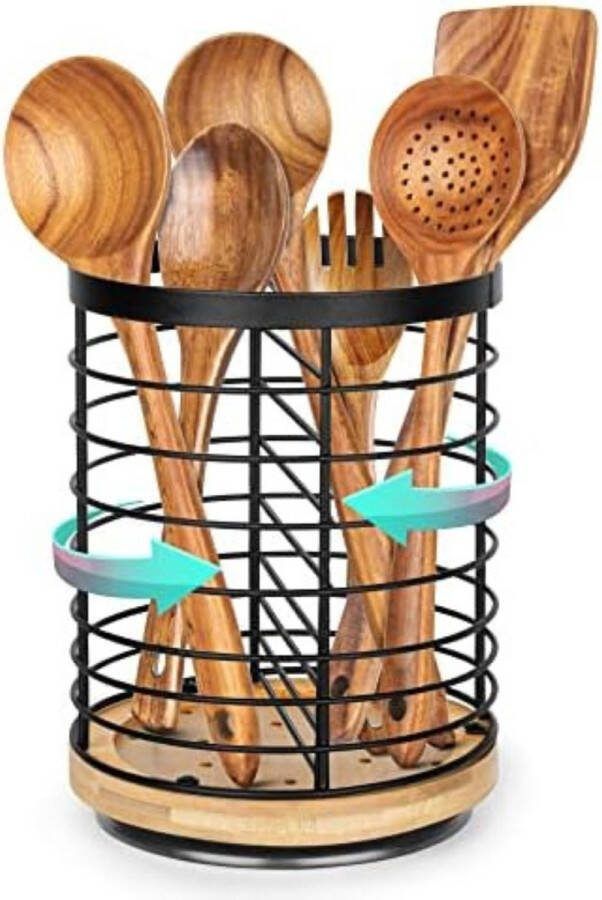Lepelpot Spatelpot Utensils pot Keukengerei houder Keukengerei pot ‎15 x 15 x 18 cm Roestvrij staal + Houten voet