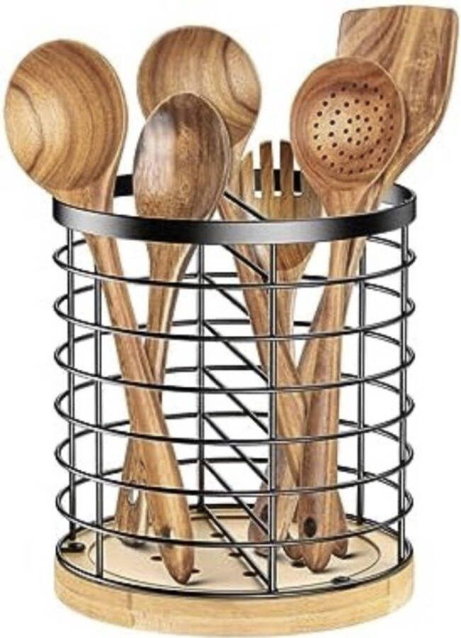 Lepelpot Spatelpot Utensils pot Keukengerei houder Keukengerei pot ‎18 x 15 x 15 cm Zwart Metaal + Bamboe