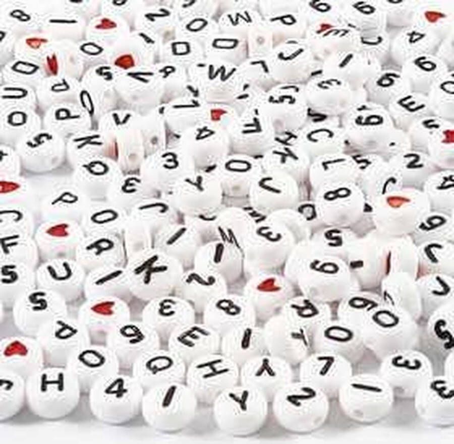 Letterkralen voor Sieraden maken Alfabet kralen voor ketting armband telefoonkoord etc. Naamarbandjes Maken Acryl – Ronde Witte Kralen Met Zwarte Letter 7 mm Gat: 1 2mm 200 gram 1500 stuks