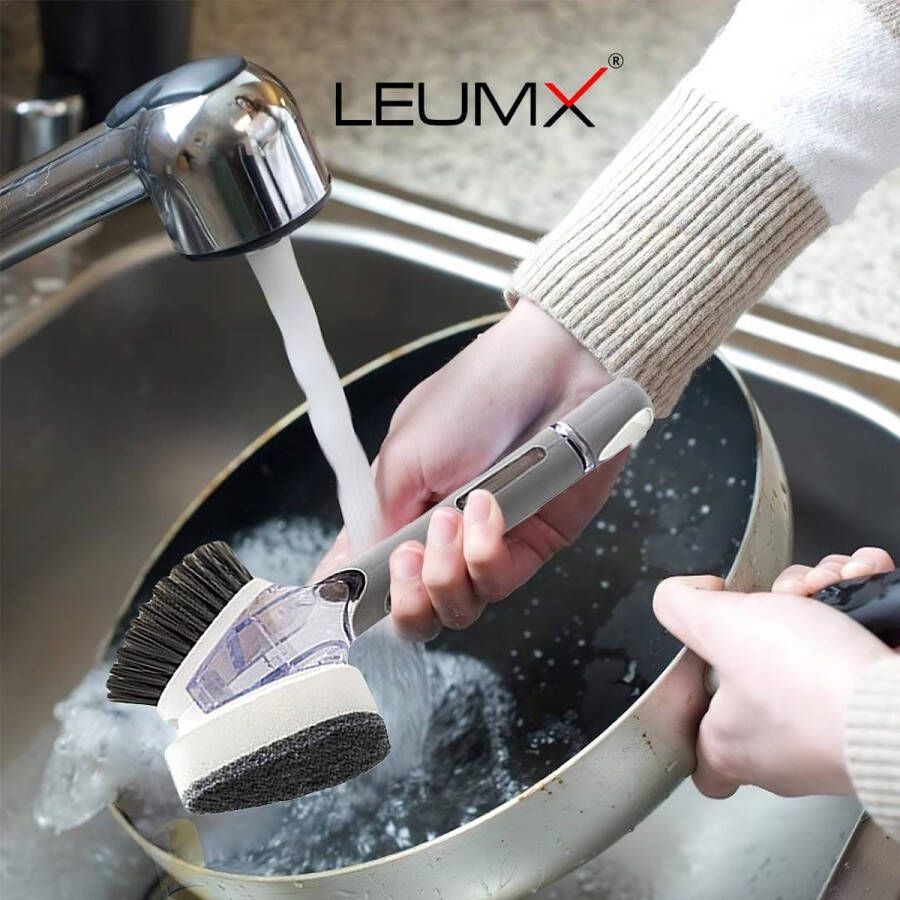 Leumx 2-in-1 Keukenreiniger: Afwasborstel en Spons Scrubber met Handige Zeepdispenser Efficiënte Afwaspijp en Gootsteenreiniging voor Ultieme Keukenhygiëne (Grijs)