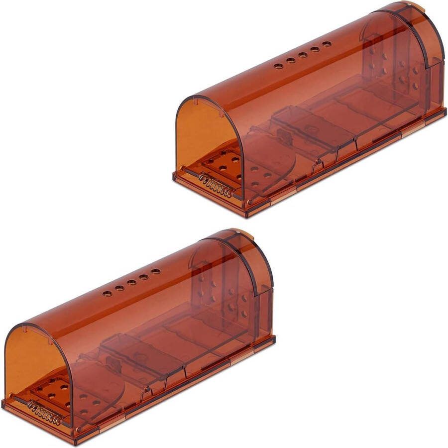 Levende muizenval set van 2 diervriendelijk HBD 65x17x6 cm inloopval muizen kunststof oranje