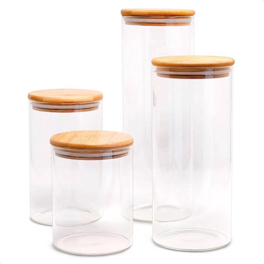 LG Luxury & Grace Set 4 Glazen Potten 07 L + 1 L Bamboe Deksel Luchtdichte Voedselcontainers Siliconen Ring Keuken Opslag Etiketten en Markers