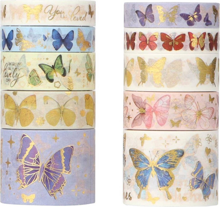 LGEGE 10 rollen esthetische washi tape set 30 15 10 mm breed vlindershow gouden blokkerende Japanse maskerende tape decor voor plakboek doe-het-zelf ambacht geschenkverpakking Bullet Journal planners briefpapier (3m)