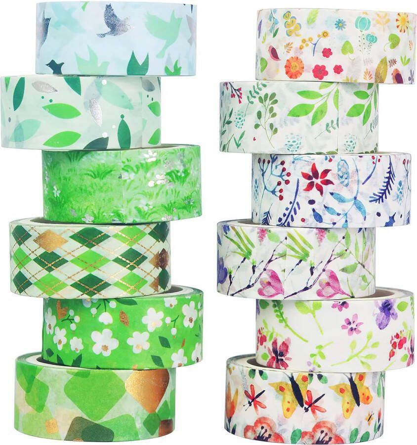 LGEGE 12 rollen Lente Thema Washi Tape Set 15 mm breed bloem grasblad groen natuurlijk patroon plakband decor voor plakboek Bullet Journal geschenkverpakking (3m)