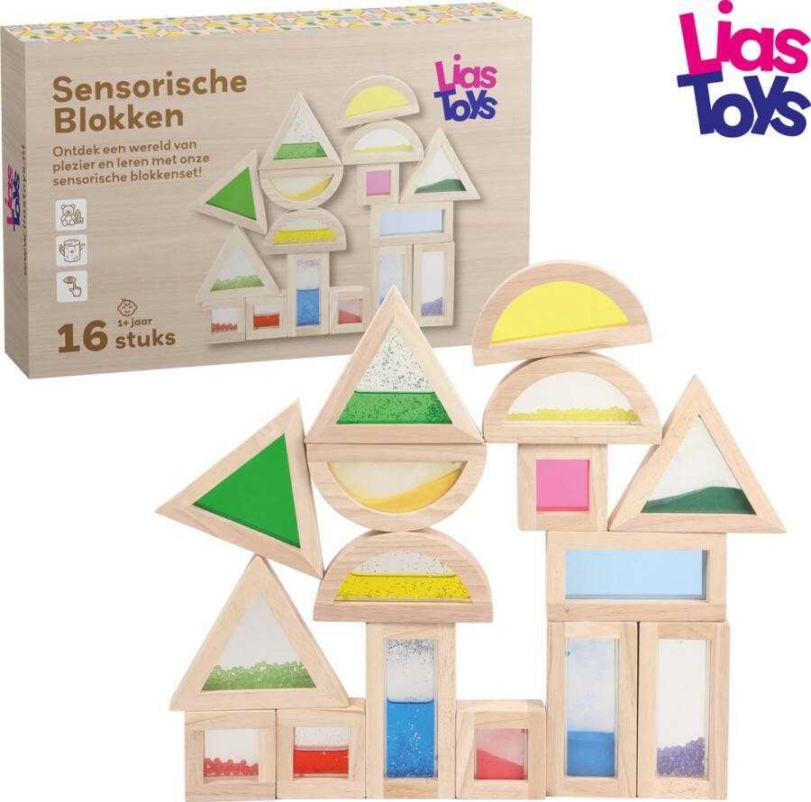 LiasToys 16 houten sensorische blokken gevuld met gekleurd zand water en kralen Montessori speelgoed Houtenspeelgoed
