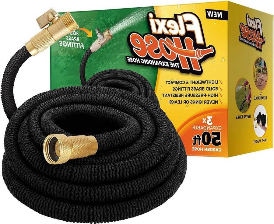 Lichte rekbare tuinslang Ultieme flexibiliteit zonder knikken Extra dikte 2 cm messing beslag dubbele latexkern rot scheuren lekvrij zwart 15 meter