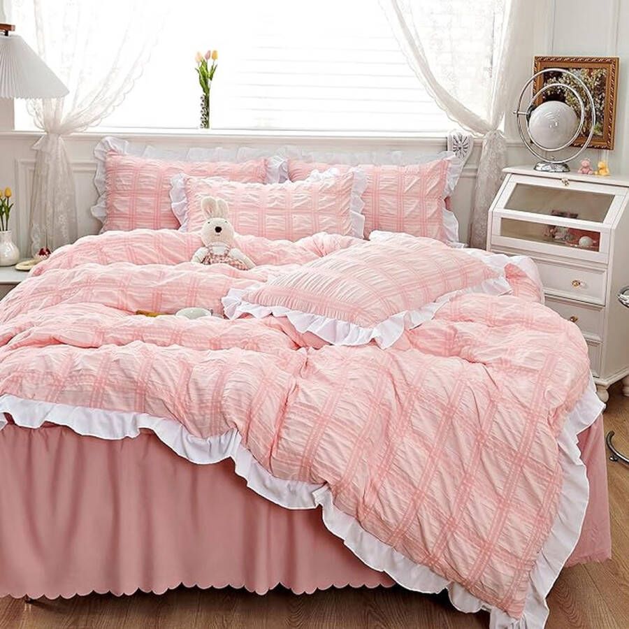 Lichtroze seersucker beddengoed 135 x 200 cm elegant roze beddengoed meisjes dames zacht microvezel beddengoed eenpersoonsbed met 1 kussensloop 80 x 80 cm