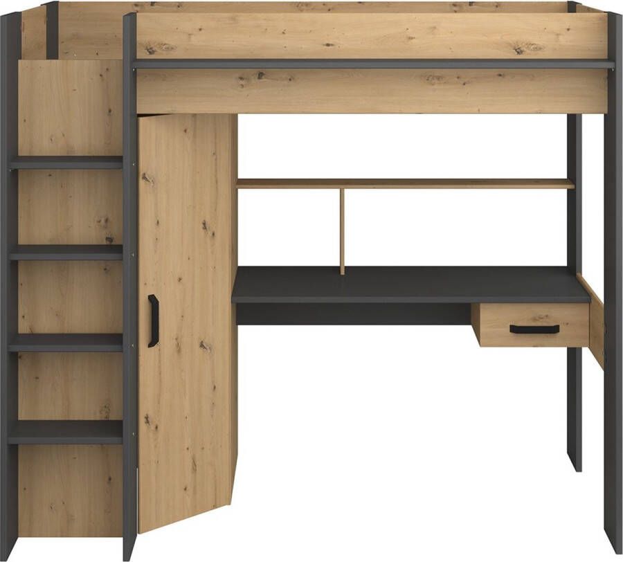 Merkloos Sans marque Vente unique Hoogslaper AUCKLAND met bureau en kast 90x200cm Eikenkleur en antraciet L 204.4 cm x H 178.3 cm x D 116.4 cm