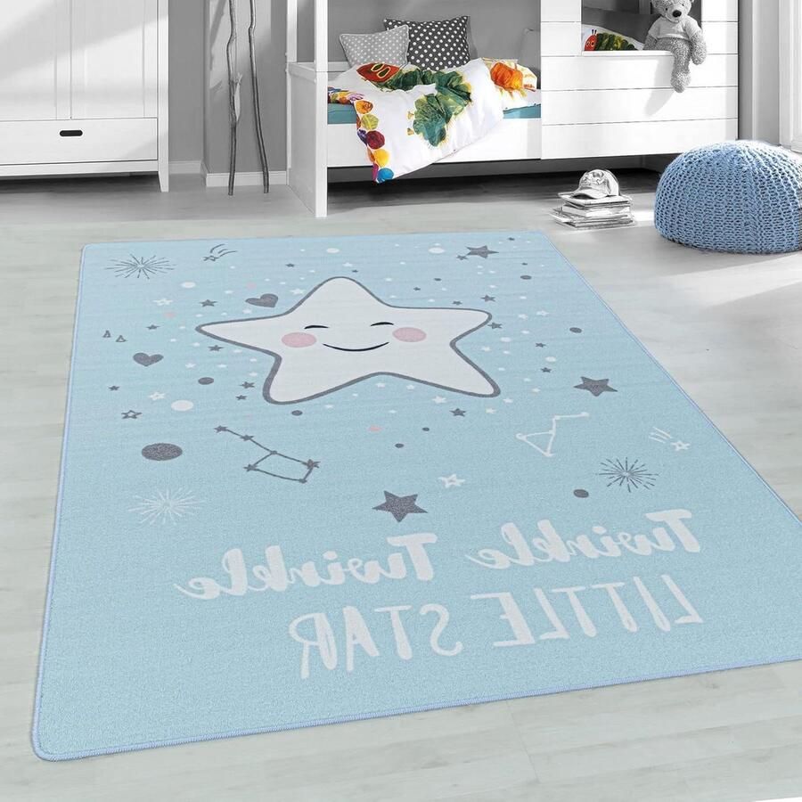 Little Star Blauw Vloerkleed Kinderkamer Laagpolig Speelkleed Tapijt Sterren 120x80 cm