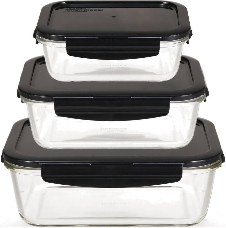 LOCK & LOCK Food Storage Containers Made of Glass with Lid Set of 3 Square and Large Oven Glass Fridge and Freezer Casserole Dish for Oven and Microwave