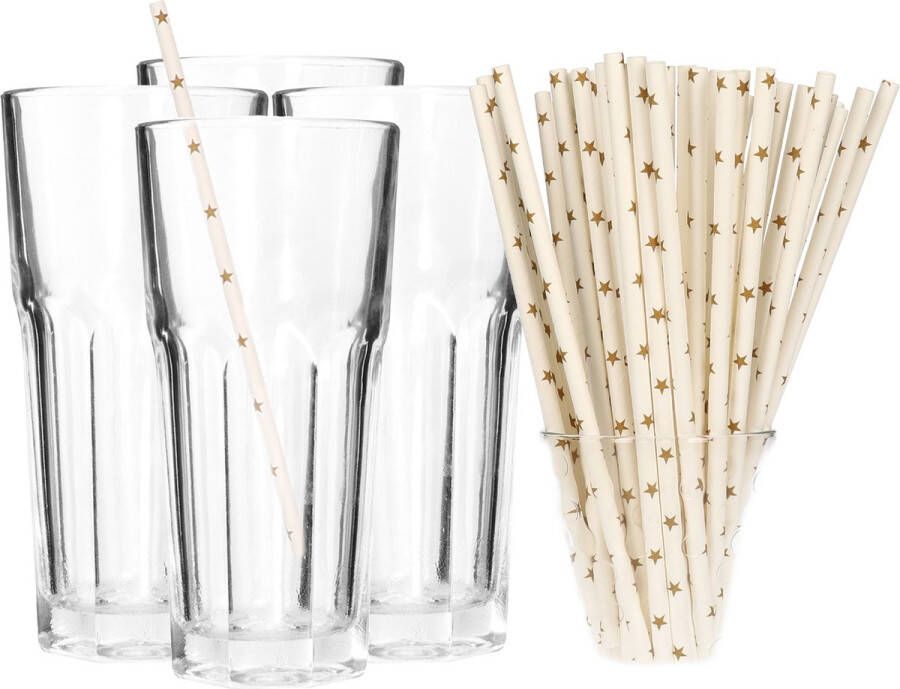 Merkloos Set van 4x longdrink glazen en 100x duurzame papieren rietjes 280 ml Longdrinkglazen