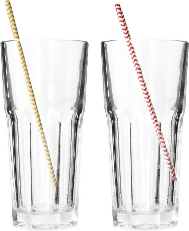 Merkloos Set van 4x longdrink glazen en 100x duurzame papieren rietjes 280 ml Longdrinkglazen