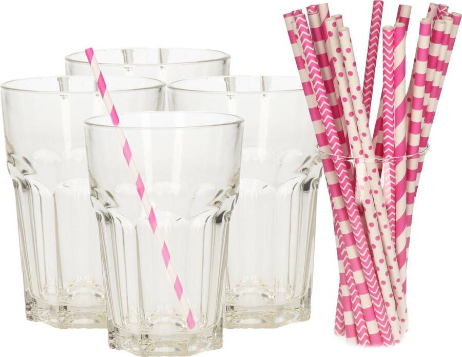 Merkloos Set van 4x longdrink glazen en 100x papieren rietjes 360 ml Drinkglazen