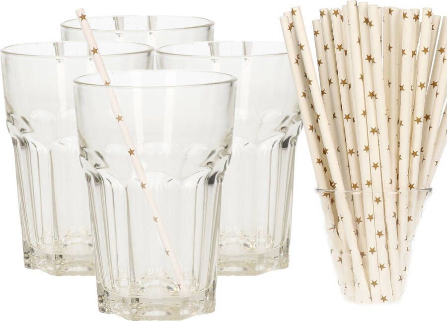 Merkloos Set van 4x longdrink glazen en 100x duurzame papieren rietjes 360 ml Drinkglazen