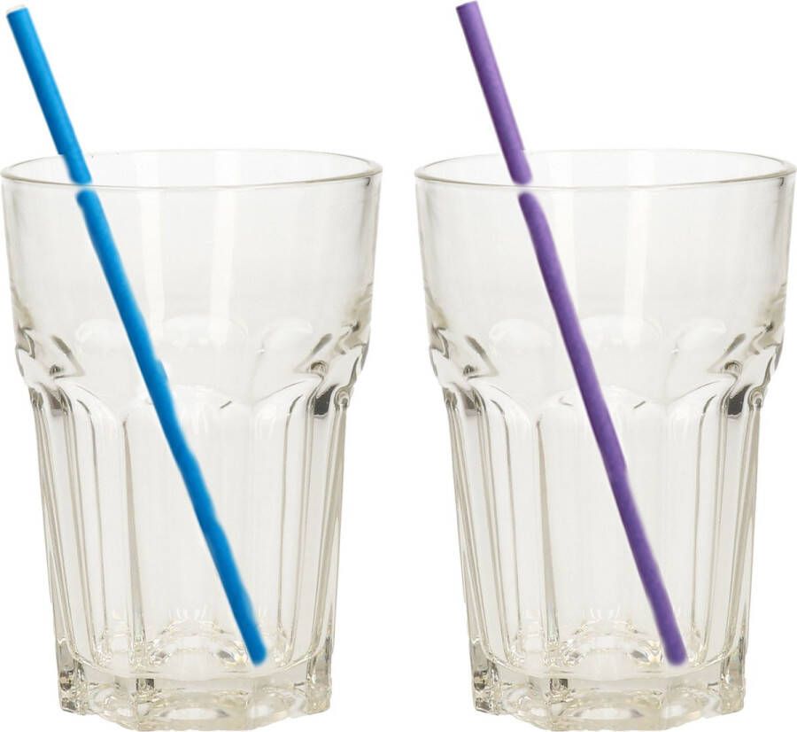 Merkloos Set van 4x longdrink glazen en 100x duurzame papieren rietjes 360 ml Drinkglazen