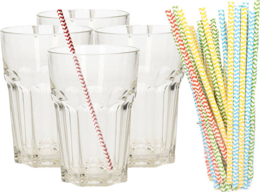 Merkloos Set van 4x longdrink glazen en 100x duurzame papieren rietjes 360 ml Drinkglazen