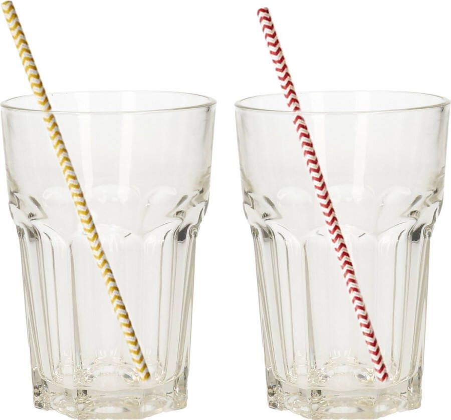 Merkloos Set van 4x longdrink glazen en 100x duurzame papieren rietjes 360 ml Drinkglazen