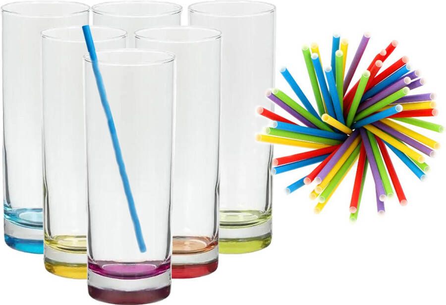 Merkloos Set van 6x longdrinkglazen en 100x duurzame rietjes papier 310 ml Longdrinkglazen