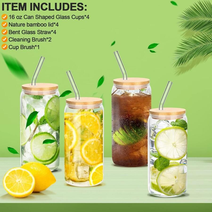 Longdrinkglazen cocktailglazen met deksel en rietje drinkglazen in blikvorm 590 ml bierkan glazen blikvorm glazen beker drinkglas voor Iced Coffee bier smoothies cocktail frisdrank (4 stuks) (16)