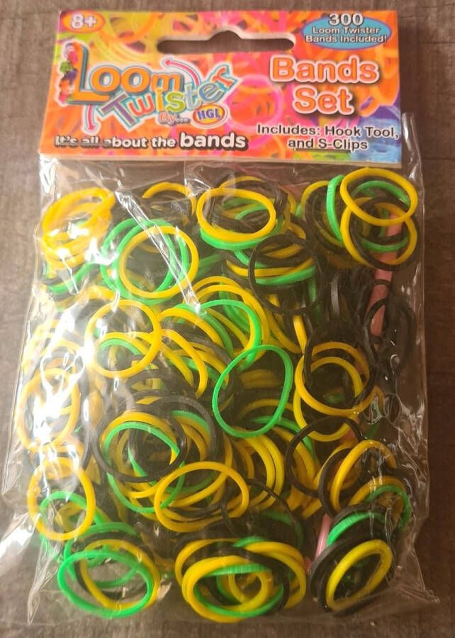 Loom Bandjes Mix Groen Zwart Geel 300 stuks Loombandjes Loomelastiekjes Elastiekjes Inlcusief S-Clips Haakjes Loom Twister