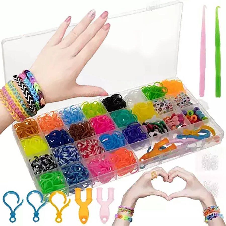 Loombandjes Starterspakket Loom Latexvrij 1600-Delige Set Loom Elastiekjes 23 Kleuren Incl. Accessoires