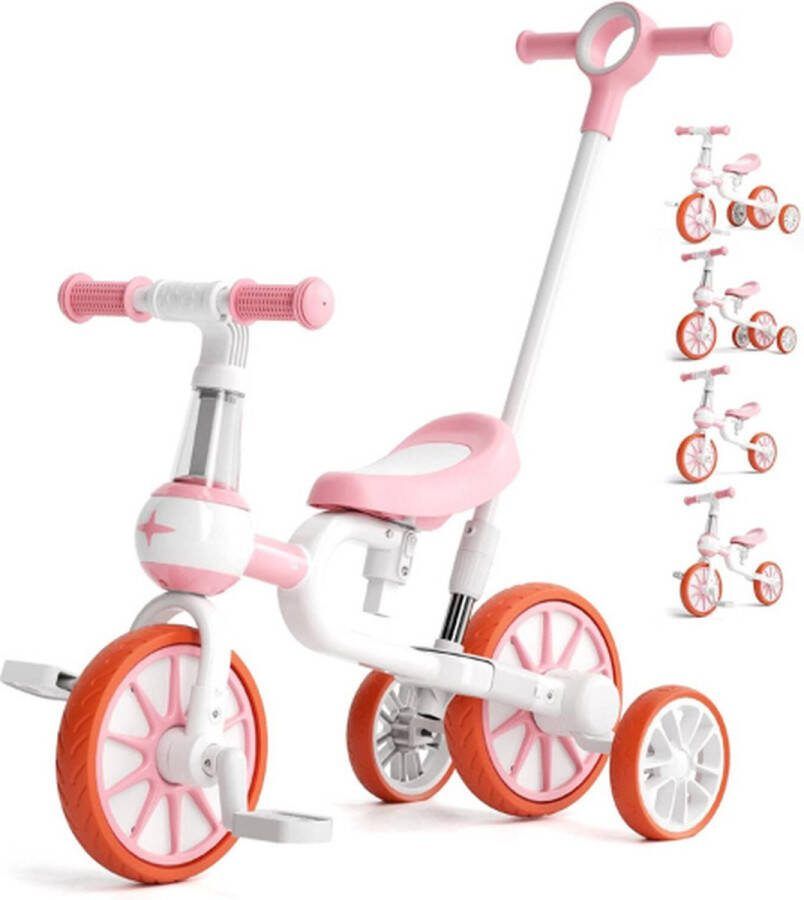 Loopfiets Met Duwstang Verstelbare Loopfiets 5in1 Kinderloopfiets Vierwieler 1 tot 4 Jaar Balance Bike Duwstang Verstelbaar 80 tot 95cm Roze