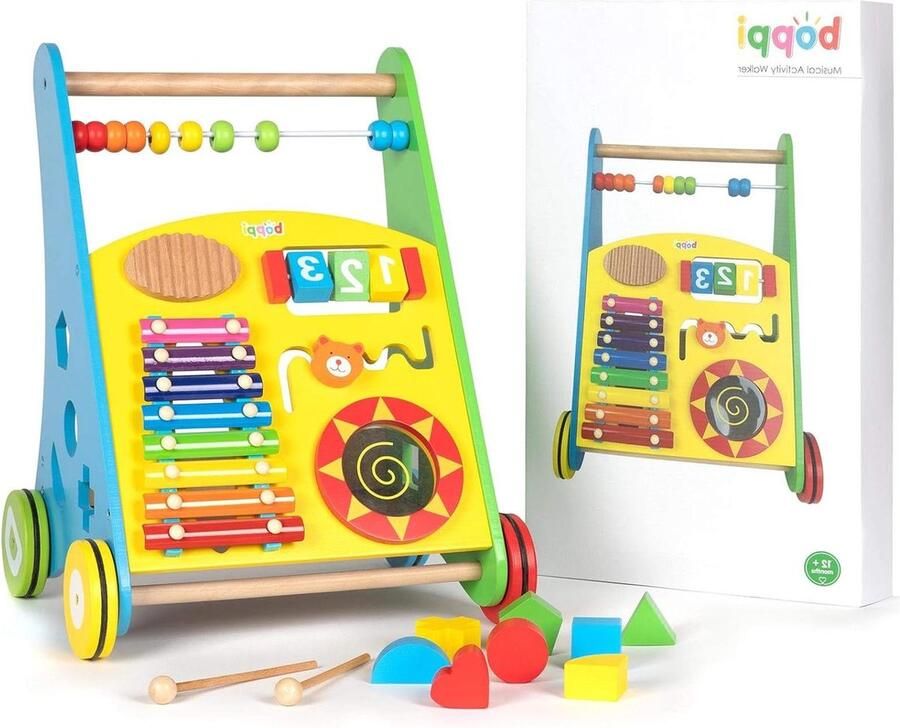 Loopwagen baby Houten Push-Along Walker Peuter Loophulp met Vormensorteerder & Activiteitencentrum Meisjes & Jongens 12 Maanden + Musical loopwagen baby