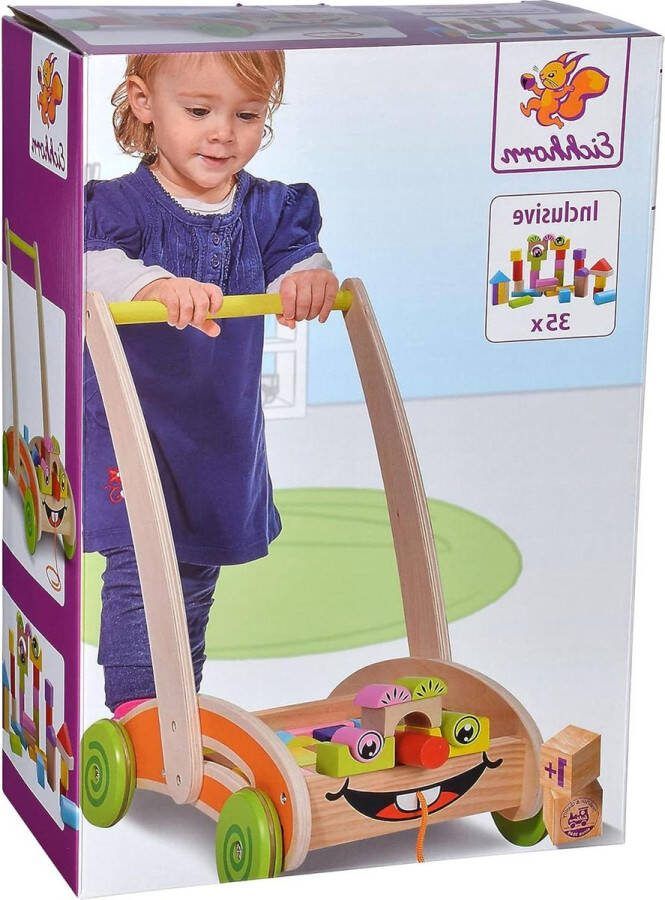 Loopwagen baby speelgoed en rollator gedeeltelijk gemonteerd met 35 kleurrijke houten bouwblokken 39 x 25 x 44 cm veelkleurig loopwagen baby