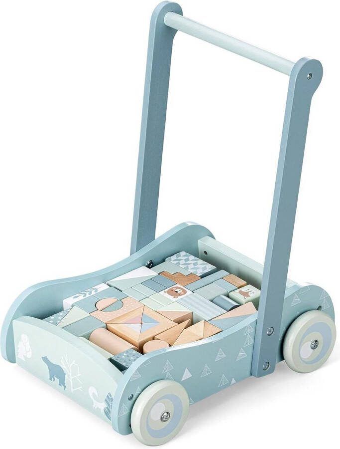 Loopwagen Houten Loopstoeltje Blokken Duwwagen Baby's met 46 Houten Blokken Klassiek Speelgoed Meisjes Jongens Leren Lopen Loopwagen