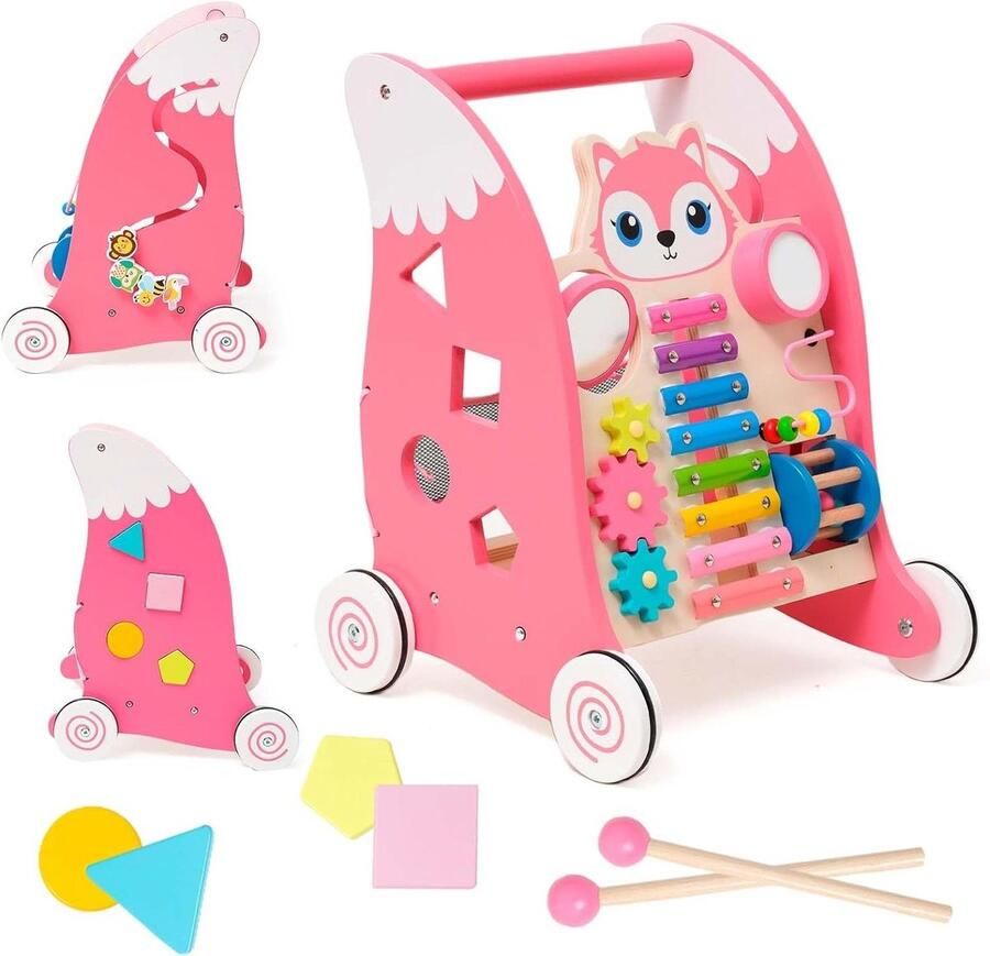Loopwagen houten loopwagen Montessori educatief speelgoed babywandelaar rubberen banden eekhoorn Loopwagen