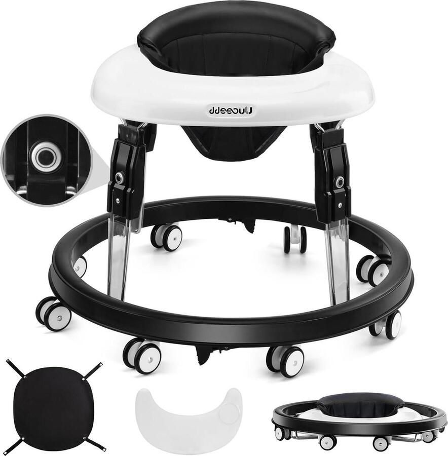 Loopwagen opvouwbaar remmendesign dienblad anti-rollove 7-voudig in hoogte verstelbaar zwart voor baby's vanaf 6 maanden Loopwagen