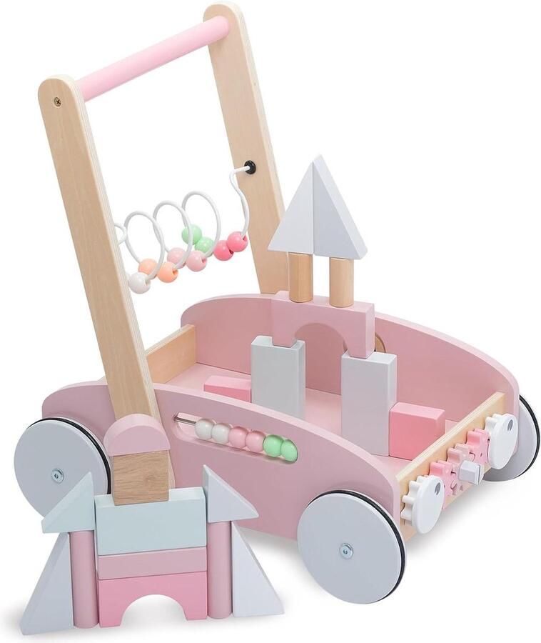 Houten 5-in-1 loopwagen met rubberen houten wielen loophulp voor kinderen inclusief Activity Center sorteren en bouwen blokken kralenspel houten speelgoed