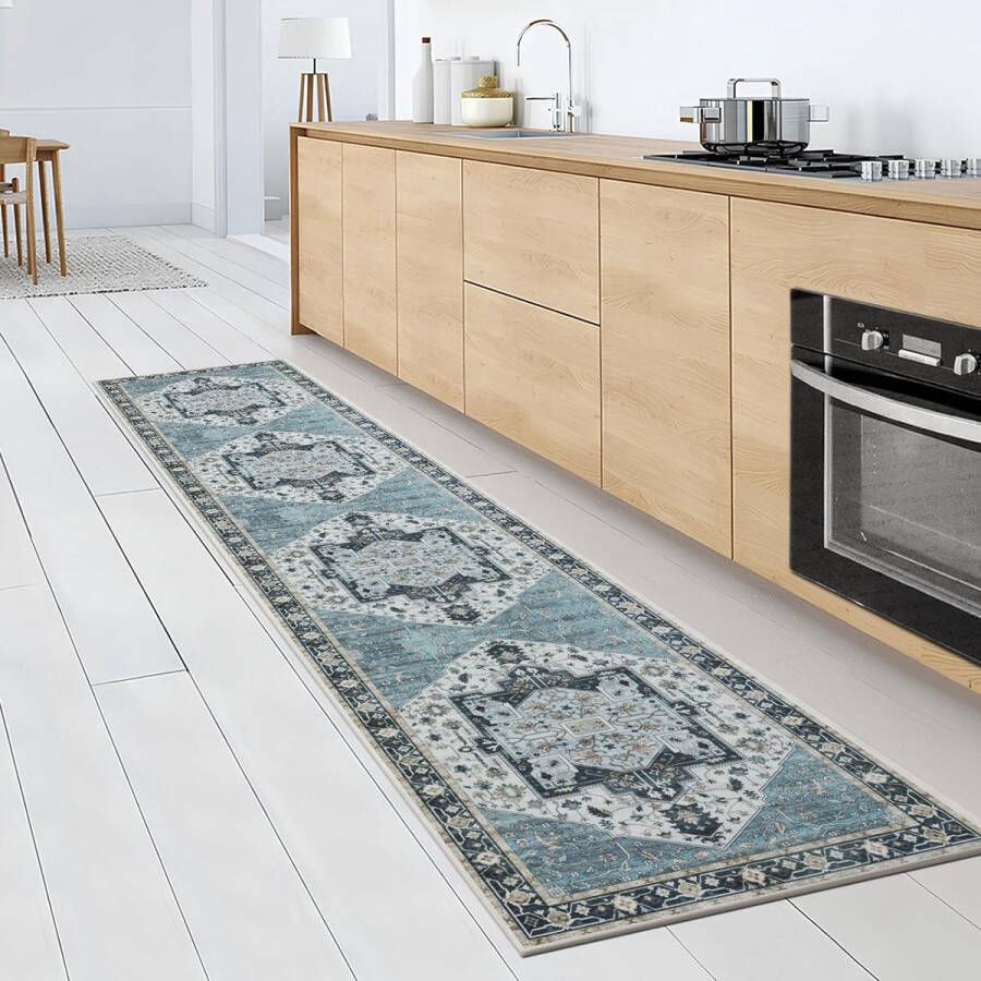 Loper tapijt 60 x 300 cm antislip lang keukentapijt wasbaar dunne tapijten vintage medaillon tapijt voor woonkamer slaapkamer keuken (blauw)