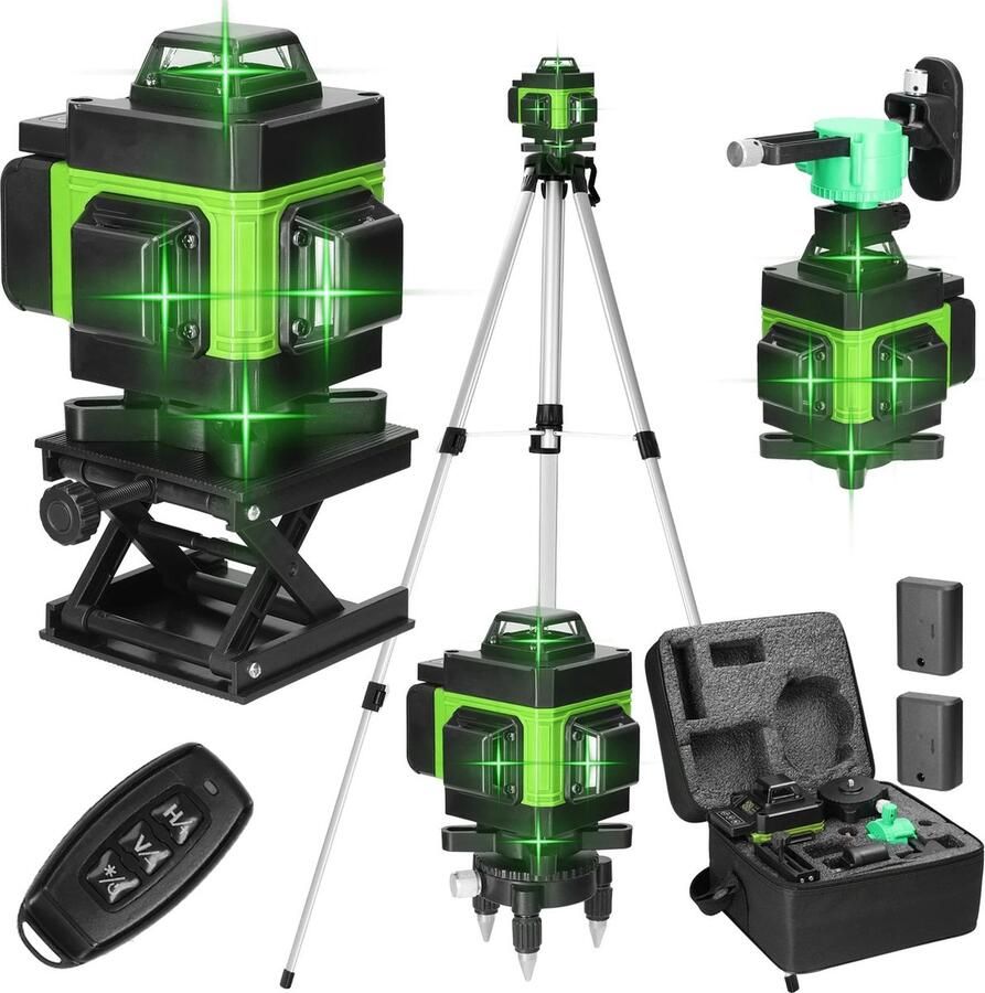 LOVUE Premic Zelfnivellerende Kruislijnlaser 4D Bouwlaser 4 tot 16 Lijnen – 360° Graden roterende laser – Laser Afstandsmeters Laserwaterpassen Kruislijnlasers 2X Batterijen Inclusief Statief en Draagtas