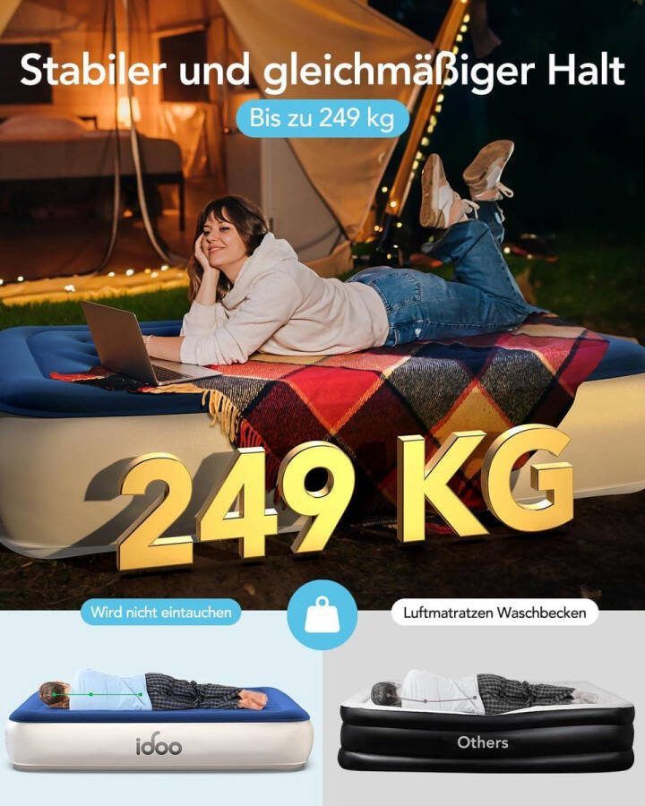 Luchtbed opblaasbaar matras met geïntegreerde elektrische pomp en opbergtas 33 cm hoog voor camping gasten reizen en binnen