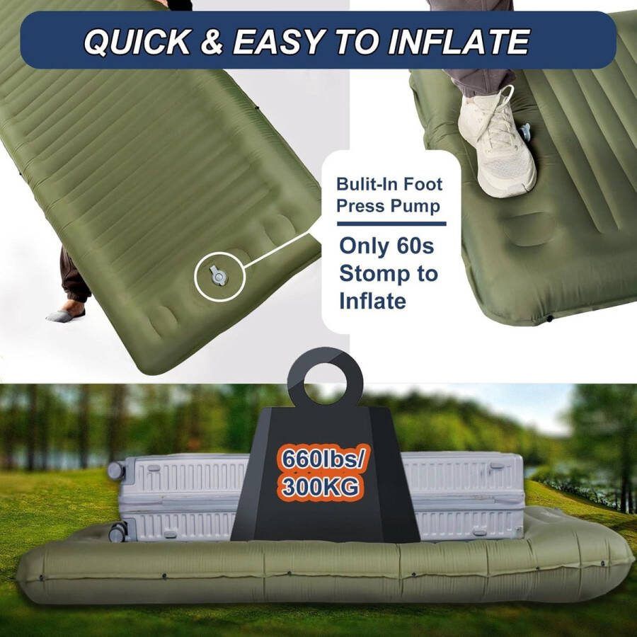 Luchtbed Ultralicht Opblaasbaar Matras 14cm Zelfopblazend met Kussen Enkel Voor Trekking Legergroen