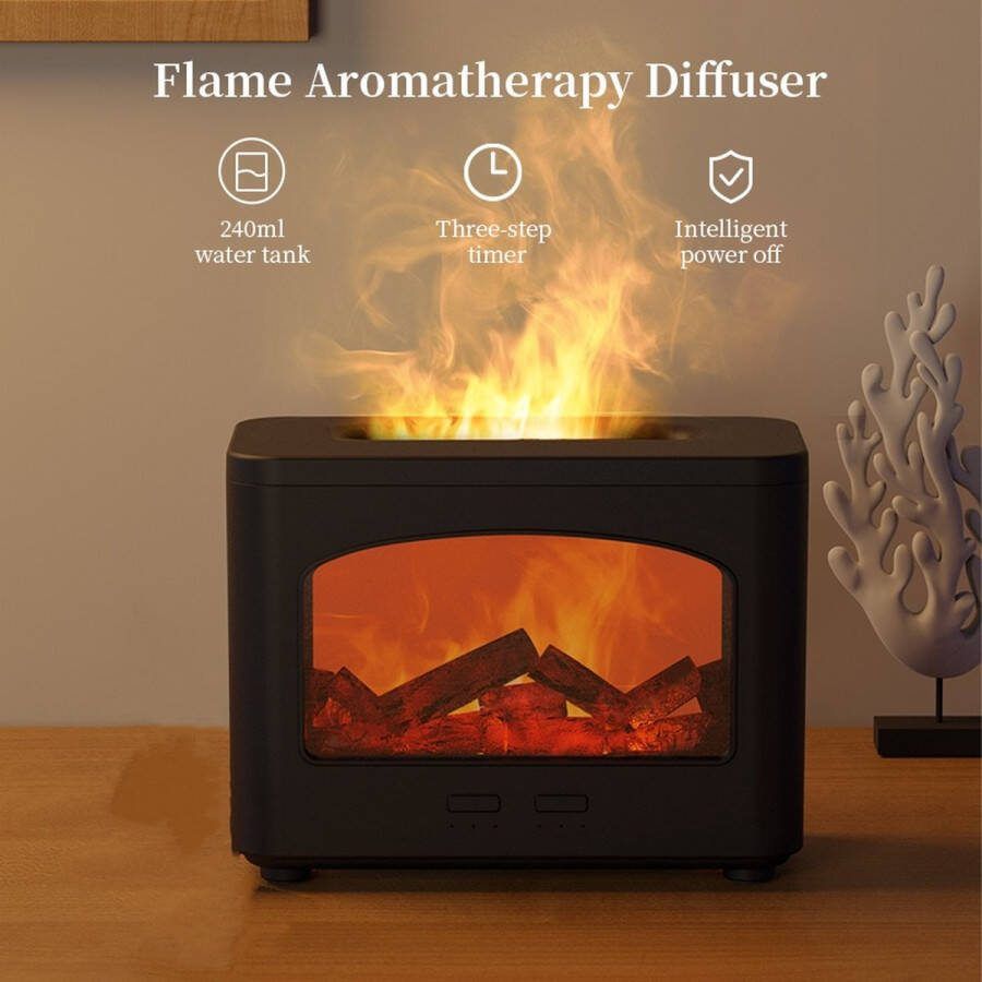 Luchtbevochtige Aroma Diffuser Humidifier Vlam aromatherapie machine Flame aromatheapy machine Vernevelaar Nachtlampje Rustig stil Voor Spa Thuis Yoga Kantoor Slaapkamer -240ml 7w zwart