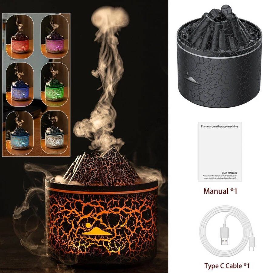 Luchtbevochtiger met Aromatherapie – Humidifier – Vernevelaar 3in1 – Vulkanisch ontwerp Uniek design 7 Kleuren Verschillende Standen – Stil Ontwerp – 180ml Zwart