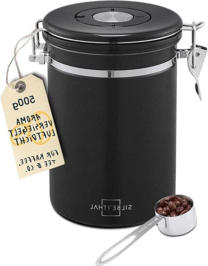 Luchtdicht koffieblik 500g roestvrij staal container voor koffiebonen en koffiepoeder incl. doseerlepel zwart