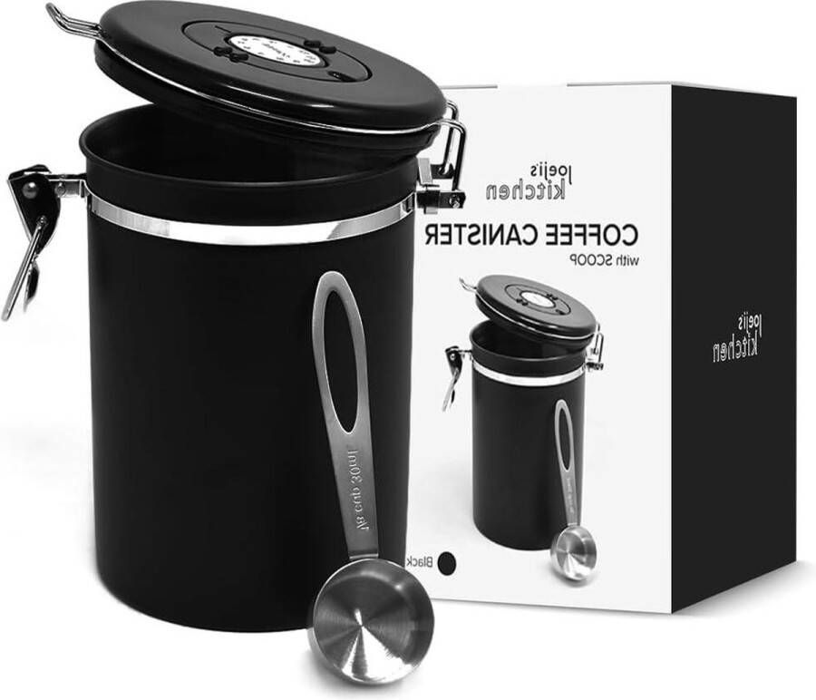 Luchtdicht roestvrij stalen koffieblik 1800 ml ideaal voor koffiebonen behoudt aroma en frisheid maatlepel zwart