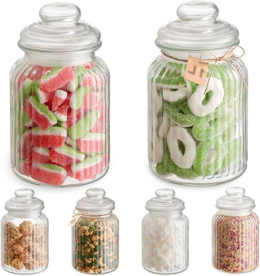 Luchtdicht Snoep Glas 1L Vintage 6 Grote Snoeppotten met Deksel & Etiketten Vaatwasmachinebestendig Voor Koekjes Snoepjes